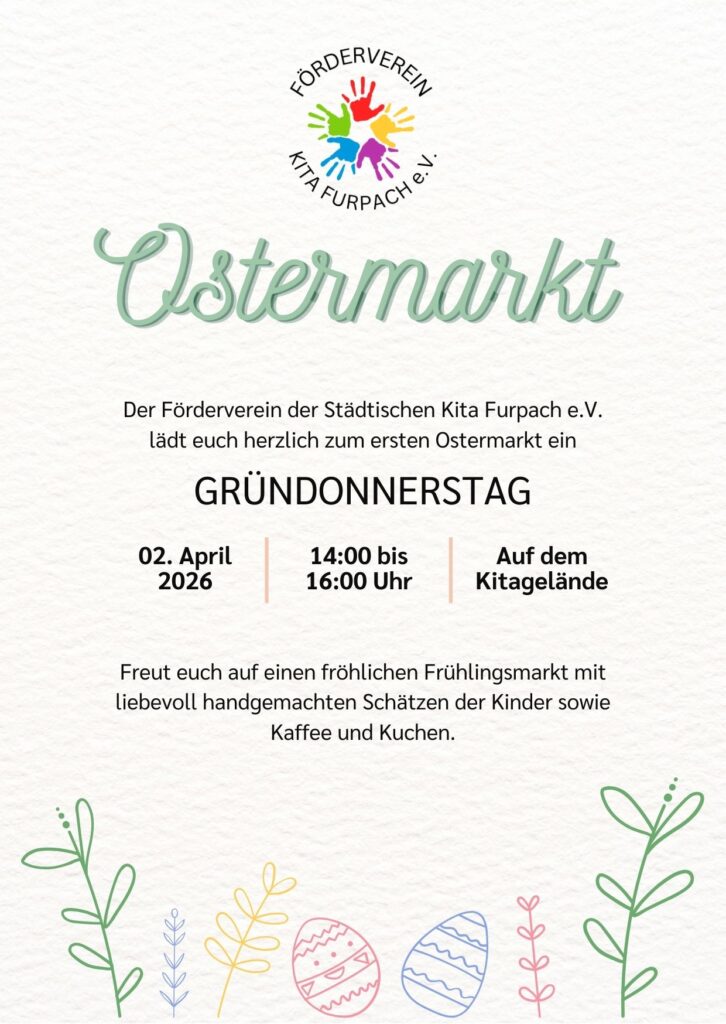 Ostermarkt auf dem Gelände der Kita am 02.04.2026 von 14 bis 16 Uhr. Alle Herzlich willkommen! Es gibt Kaffee und Kuchen sowie Gebasteltes!